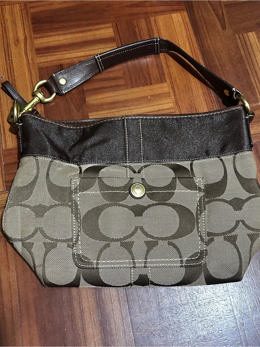 Coach Signature Carly Hobo Bag Brown Khaki Canvas Leather Trim